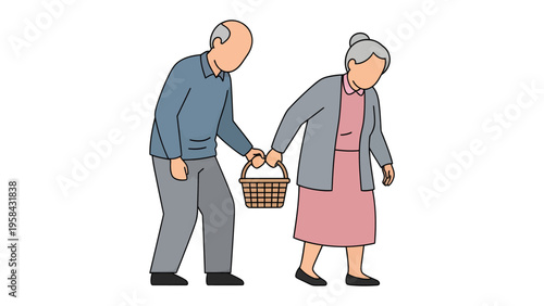 Together's Comfort and Assistance: An elderly couple shares a moment of support, the man lending a helping hand to his partner as they stroll together.