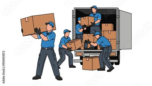 Moving Day: A team of diligent movers efficiently loads cardboard boxes into the transport truck, highlighting their teamwork. This depicts the moving process and transportation service.