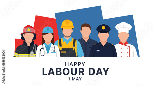 Celebrating Labor Day: A diverse group of essential workers stand united, symbolizing the value and dedication of labor. A message of gratitude for all workers.