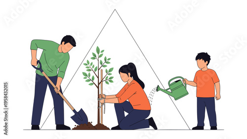 Family Tree Planting: A loving family unites to plant a tree, symbolizing growth, care, and the nurturing of a green future for generations to come.