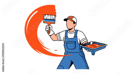 Artistic Hand at Work: A painter, clad in overalls and a cap, meticulously applies vibrant paint to a surface with skillful strokes and precision, embodying the craft of house painting.