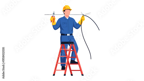 Precision in Action: A skilled electrician, poised on a sturdy ladder, meticulously works with electrical wires. This image embodies expertise and precision in the realm of electrical work.