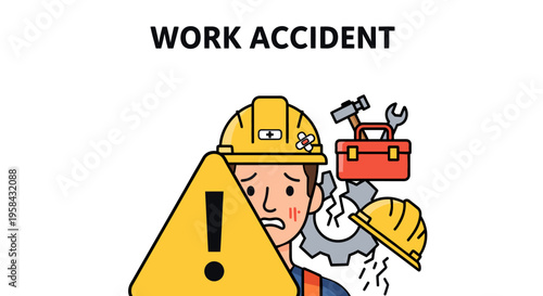 Work Accident Concept Illustration with Injured Construction Worker and Warning Sign.