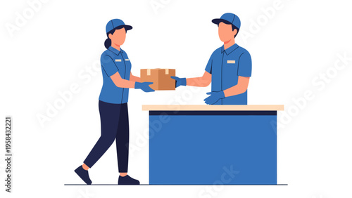 Efficient Parcel Exchange: Two delivery personnel, united in a swift parcel transaction, embody dependability and seamless distribution.
