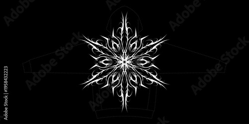 Intricate symmetrical snowflake sigil in cyber-tribal style. Sharp gothic floral ornament with spiky lines. Modern y2k aesthetic tattoo design for streetwear fashion