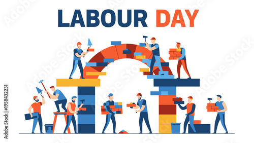 Labor Day Celebration: A group of construction workers, united in solidarity, hold up a banner proudly proclaiming Labor Day, honoring the hard work and dedication of the workforce.
