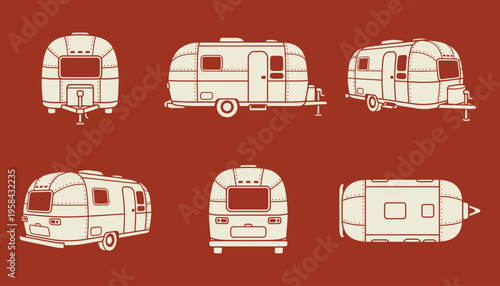 Vintage camper trailer illustration set with multiple views on orange background