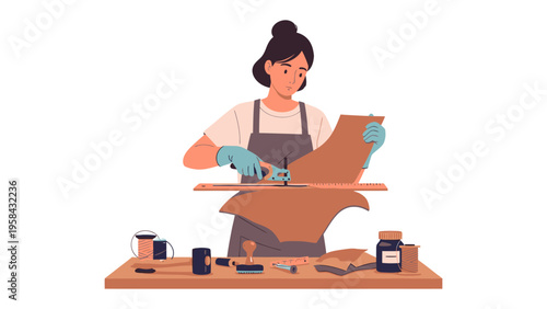 Artisan's Craft: An artisan meticulously works on a leather project, demonstrating skill and precision in a workshop setting.