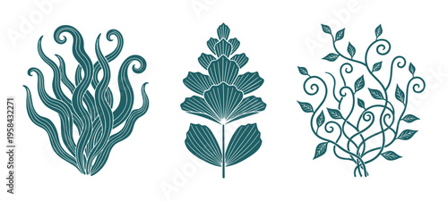 Abstract underwater sea plants vector set including kelp seaweed and coral vine