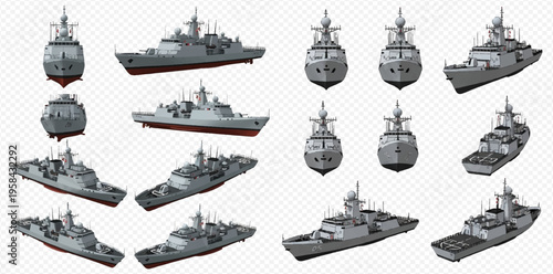 Set of military navy ships from various angles, isolated on a transparent background.