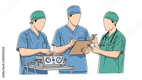Medical Team Collaboration: Illustration depicts a team of medical professionals engaged in collaborative discussion around an instrument, representing the vital cooperation in medical procedures.
