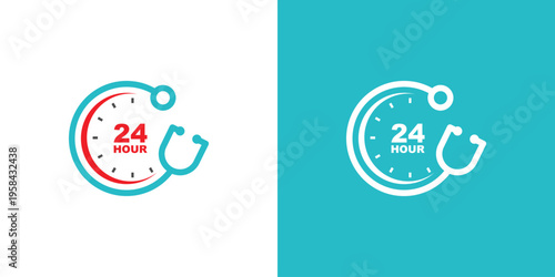 24 Hour Medical Service Icon with Stethoscope and Clock.
