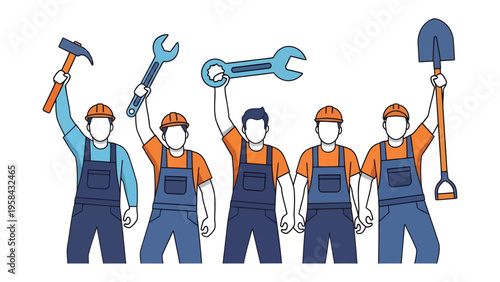 Construction Crew's Instruments: A line of construction workers, each raising a different instrument skyward, embody collaboration and unity.