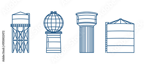 Industrial water tank vector collection featuring various storage tower designs