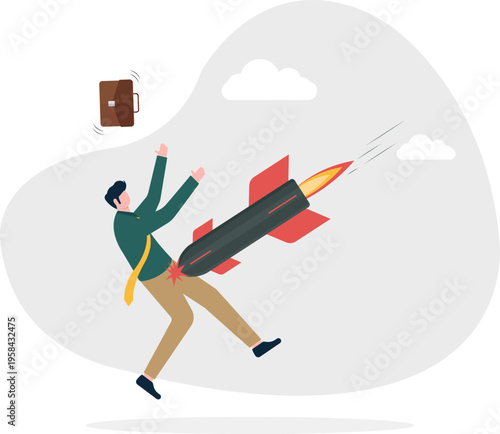 Professional man falling through the air with a rocket representing fast career change