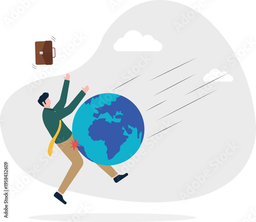 Businessman falling through the air while holding a globe representing global impact