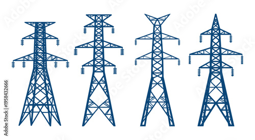 Electric power transmission line vector set of high voltage steel lattice pylons