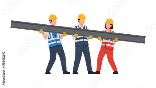 Construction Crew's Collaborative Effort: A construction crew works in unison to carry a steel beam, emphasizing teamwork and collaborative effort.