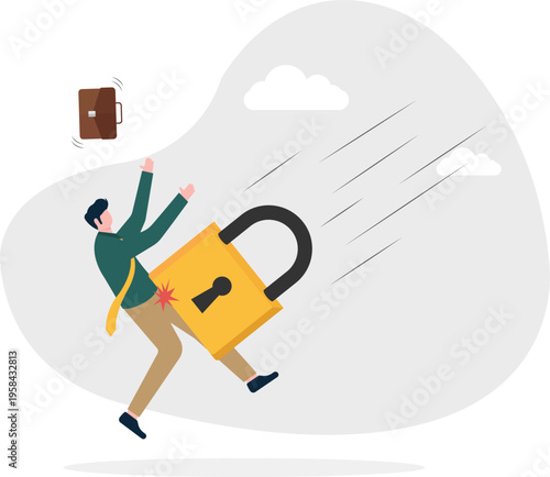 Businessman falling through the air with a giant lock representing restricted freedom