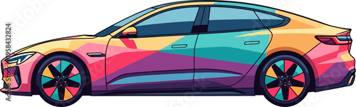 Modern sedan featuring multi-color geometric vinyl wrap