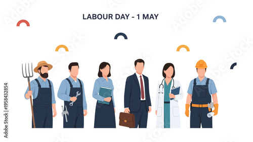 Labour Day illustration of professions: A stylized illustration celebrates Labour Day, featuring a diverse group of professionals and workers. Reflecting dedication and contribution.