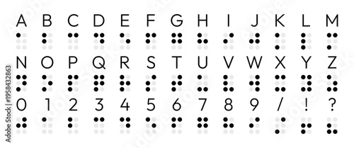Braille alphabet with numbers and characters. Braille reading system with letters and numbers. Tactile alphabet system for blind or visually impaired people. Vector