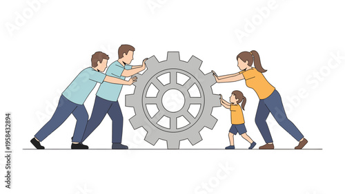 Family's United Endeavor: A family of four, working together to push a large gear, illustrating teamwork and collective effort. Representing family cohesion and collaborative strength.
