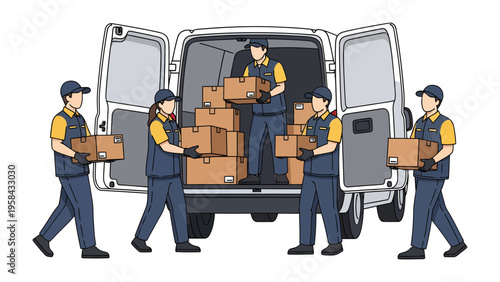 Efficient Delivery: A team of couriers meticulously loads cardboard boxes into a delivery van, emphasizing precision, and teamwork in the fulfillment of logistic.