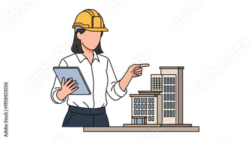 Architectural Blueprint: A woman architect, complete with a protective helmet, engrossed in a meticulous evaluation of a miniature building model.