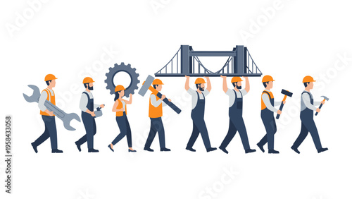 Construction Crew at Work: A collaborative construction crew marches forward, united in their purpose, carrying symbols of industry and progress.
