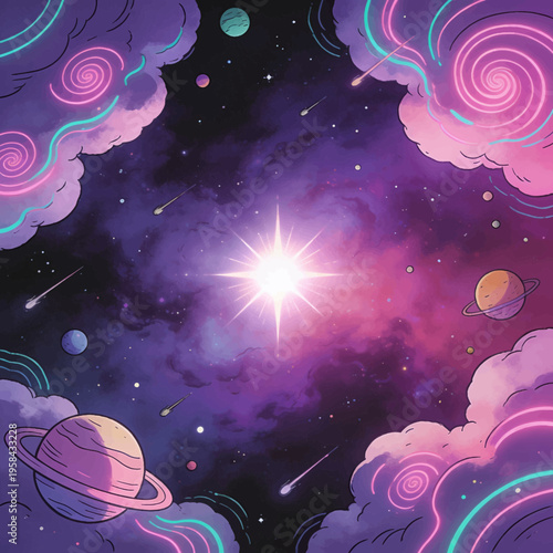 Cosmic nebula with planets and shooting stars, vibrant purple and pink galaxy, stylized clouds with neon outlines, outer space exploration and sci-fi theme