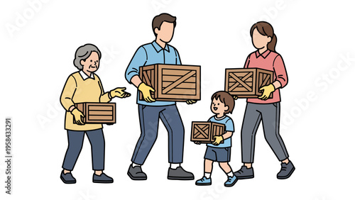 Family Togetherness: A heartwarming scene depicts a family united, carrying wooden crates together, symbolizing teamwork, support, and shared responsibility. 
