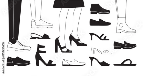 Collection of stylish footwear for men and women including boots heels loafers and sneakers shown in black and white