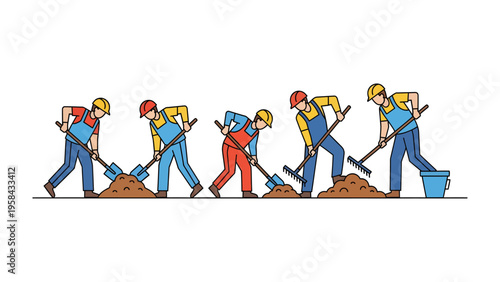 Construction Crew Working Together: A line of construction workers diligently engaged in their tasks, showcasing the essence of collaborative effort and precision in a dynamic construction setting.