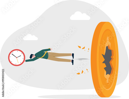 Businessman flying with a clock through a giant coin hole representing time and profit