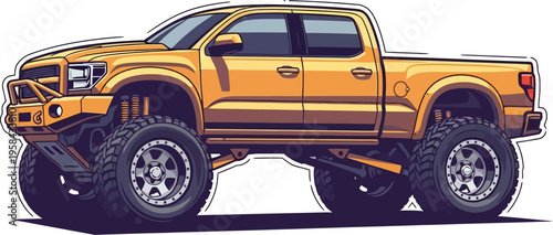 Modified yellow pickup truck with massive off-road tires