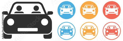 Carpool people car icon set, shared transportation and ride sharing concept, group travel with vehicle and passenger symbols, mobility service icons collection, modern flat vector illustration isolate