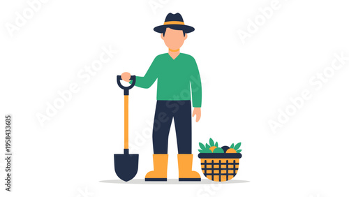 Farmer's Harvest: A determined farmer stands proudly with his shovel and bountiful basket of freshly harvested crops, representing the essence of rural life and hard work.