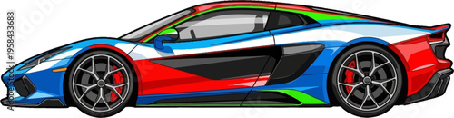 Multi colored racing supercar with aerodynamic body