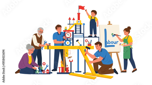 Team Building a Monument: A group of individuals collaboratively construct a monument, showcasing teamwork, determination, and unity. Illustrative of shared effort and achieving ambitious goals.