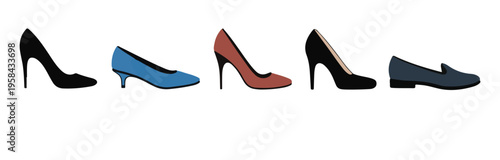 Collection of assorted high heel shoes and flat loafers for professional women fashion design illustration set