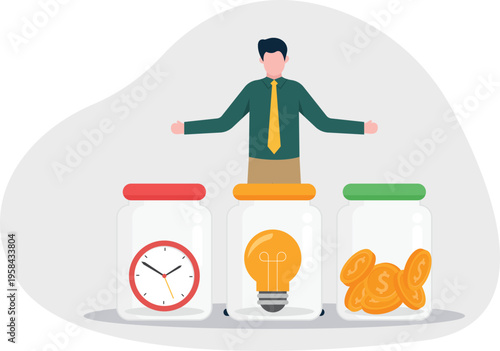 Businessman choosing between jars of time, ideas, and money representing resource allocation