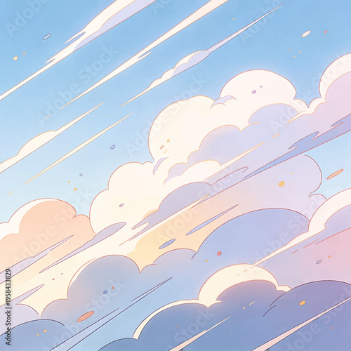 Anime style blue sky background with fluffy pastel clouds and diagonal sun rays creating a dynamic peaceful summer day atmosphere perfect for cartoon animation backgrounds and artistic wallpaper