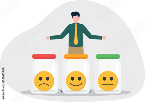 Professional man choosing between jars of different emoticons representing mood management