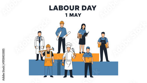 Labour Day Celebration: Depicting various professions standing together, this illustration celebrates the essence of Labour Day, highlighting the contribution of all workers.