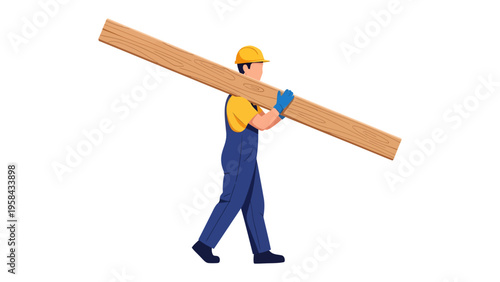 Construction Worker: A construction worker is seen carrying a wooden beam. Demonstrating construction and manual work with high energy, conveying efficiency and reliability.