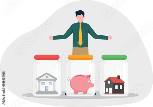 Professional man choosing between jars of bank, piggy bank, and house representing investment