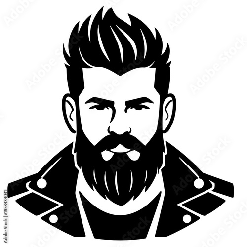 Front-facing bearded man with voluminous hair and leather jacket in bold monochrome style. Strong masculine avatar for fashion graphics, barbershop branding, music art, or edgy profile icons.