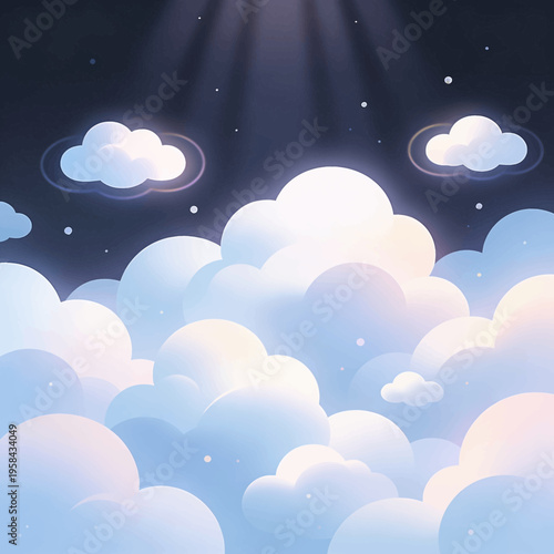 Dreamy night sky background with soft white clouds illuminated by ethereal moonbeams and sparkling stars creating a peaceful heavenly atmosphere for spiritual and magical fantasy illustration art