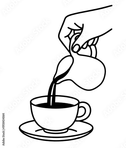 Minimal black line vector of a hand pouring milk or cream from a small jug into a coffee cup. Cozy morning drink concept for cafe menu, breakfast and beverage design.